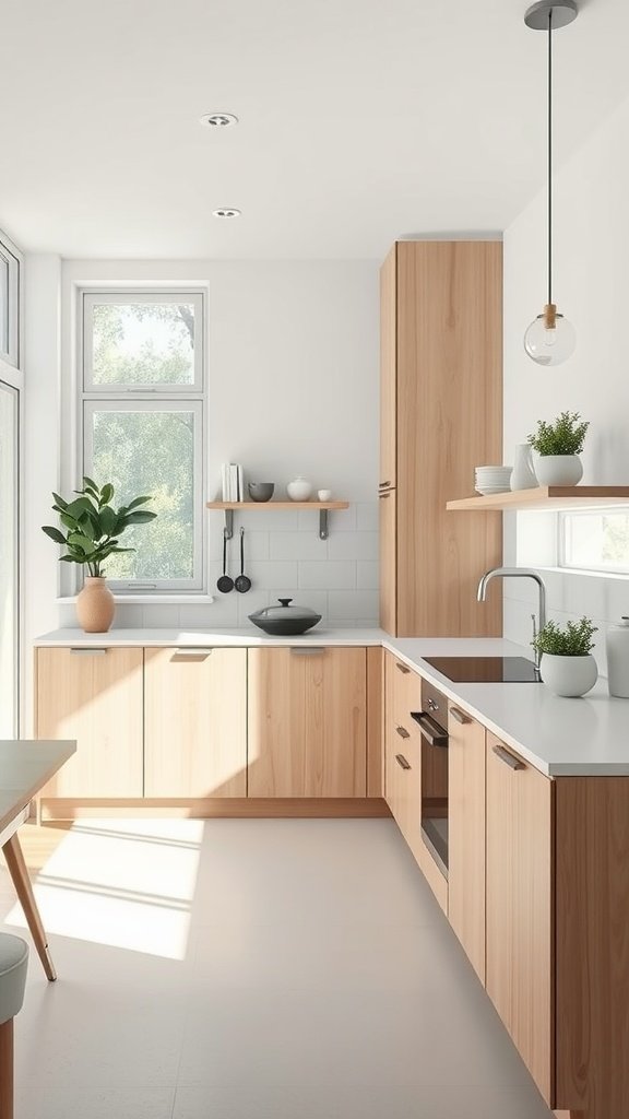 Scandinavian minimalist kitchen with wooden cabinetry, light colors, and plants