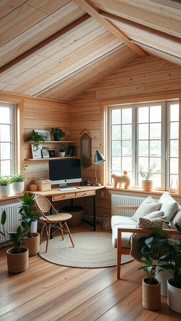 A Scandinavian-style she shed office with wooden walls, a desk, chair, and plants.