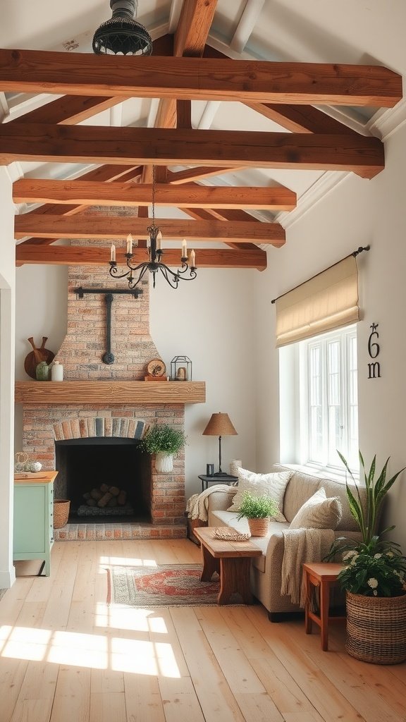 A bright and inviting farmhouse living room with wooden beams, a cozy sofa, and a fireplace.