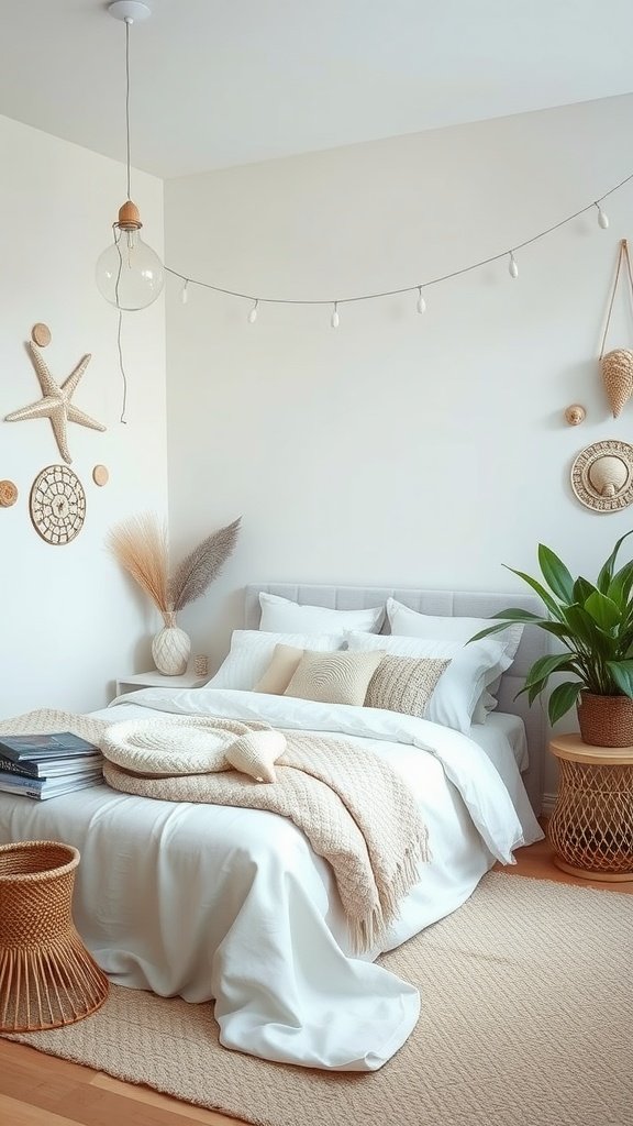 A serene boho bedroom featuring neutral colors, textured blankets, and natural decor elements like woven baskets and greenery.