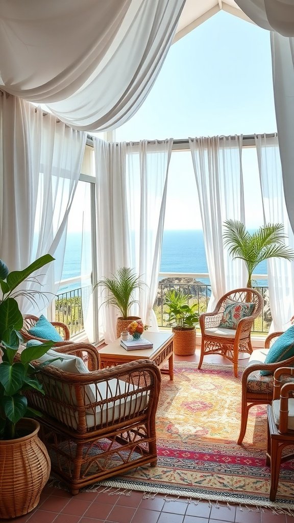 Seaside bohemian retreat with rattan furniture, white drapes, and ocean view.