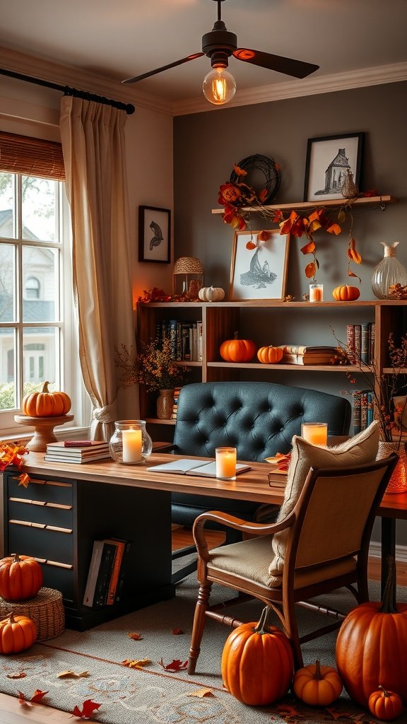 A cozy fall-themed home office with pumpkins, candles, and warm lighting.
