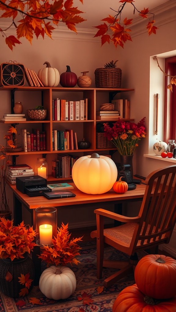 A cozy fall home office decorated with pumpkins, candles, and autumn leaves.
