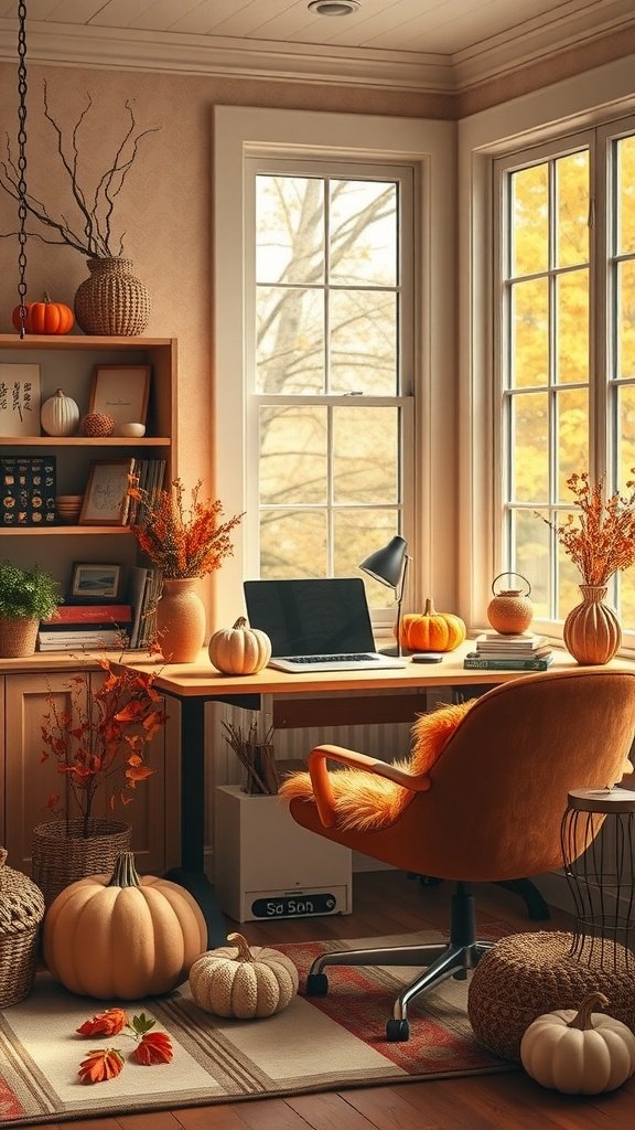 A cozy fall-themed home office featuring pumpkins, autumn leaves, and warm colors.
