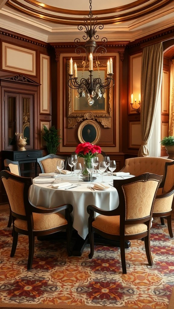 Luxurious Italian dining room featuring a round table with plush chairs, elegant table setting, and ornate chandelier.