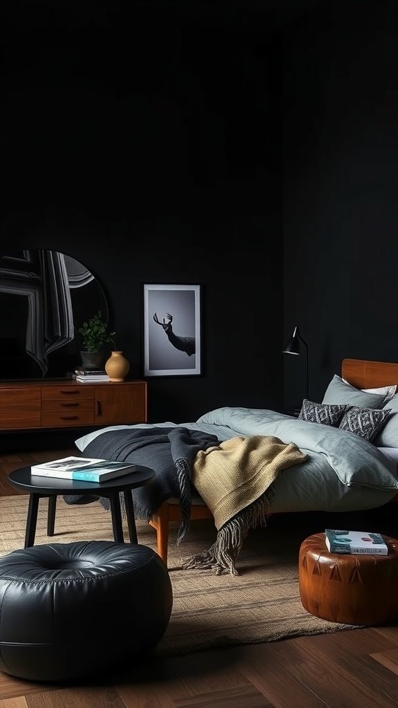 A dark bohemian bedroom featuring mid-century furniture, a cozy bed, and stylish decor