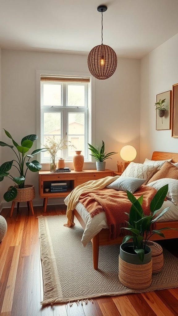 A cozy bedroom featuring mid-century furniture, warm colors, and indoor plants.