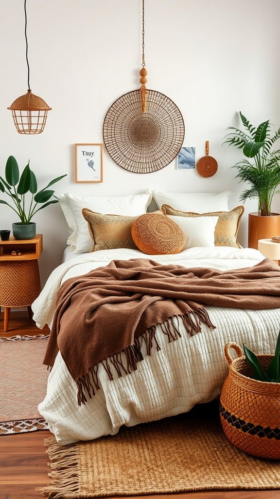 A cozy Boho styled bedroom featuring a white quilt, brown throw blanket, patterned pillows, and decorative elements.