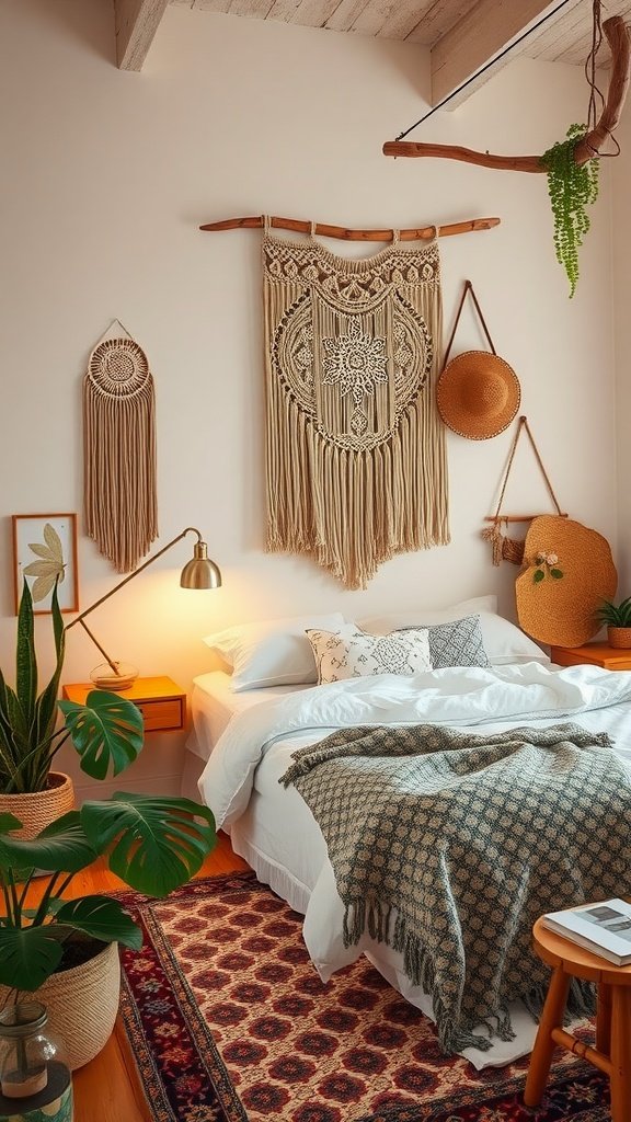Boho bedroom with macramé wall hangings, plants, and warm decor.