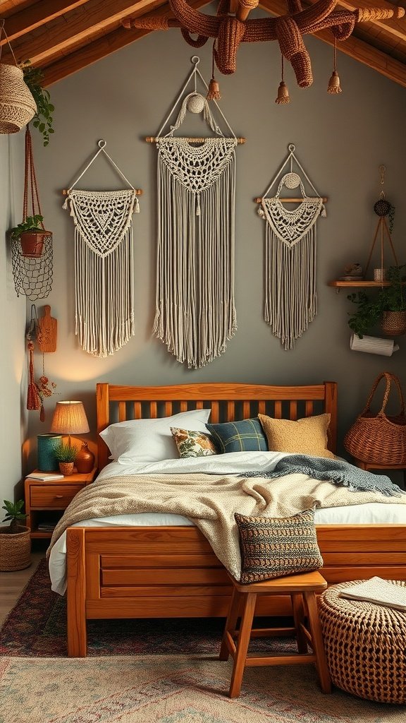 A serene boho bedroom with wooden furniture, macrame wall hangings, and cozy textiles.