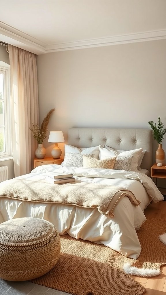 A serene master bedroom featuring earthy tones, soft bedding, and calming textures.