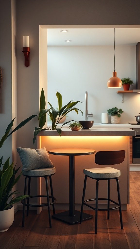 Cozy kitchen peninsula with a small round table, two stools, and plants, highlighted by warm lighting.