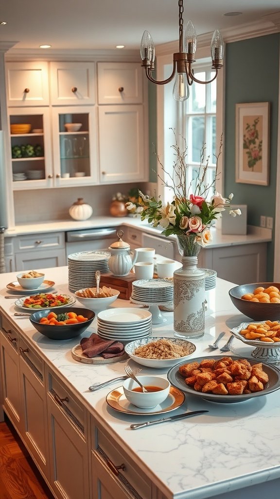 Kitchen peninsula set up as a buffet with various dishes and elegant decor