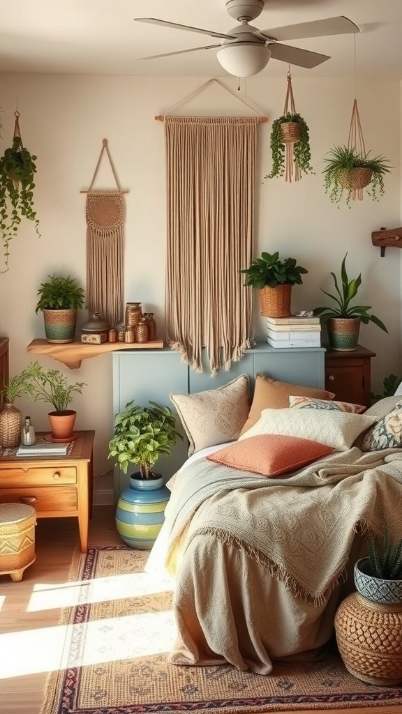 A cozy shabby chic boho bedroom featuring a bed with soft throws, colorful cushions, hanging plants, and rustic decor.