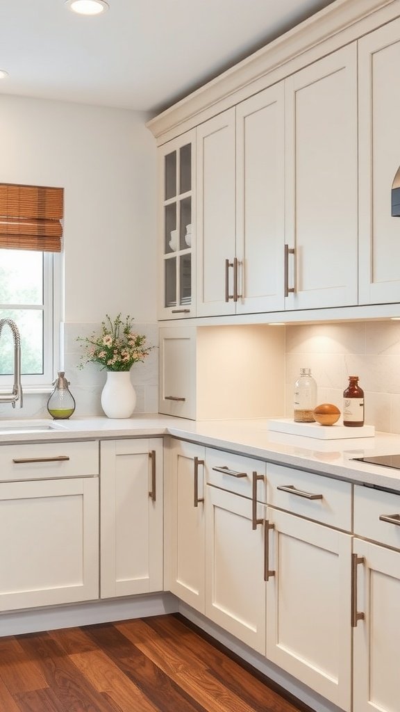 A kitchen featuring cream-colored Shaker style cabinets with modern hardware and wooden flooring.
