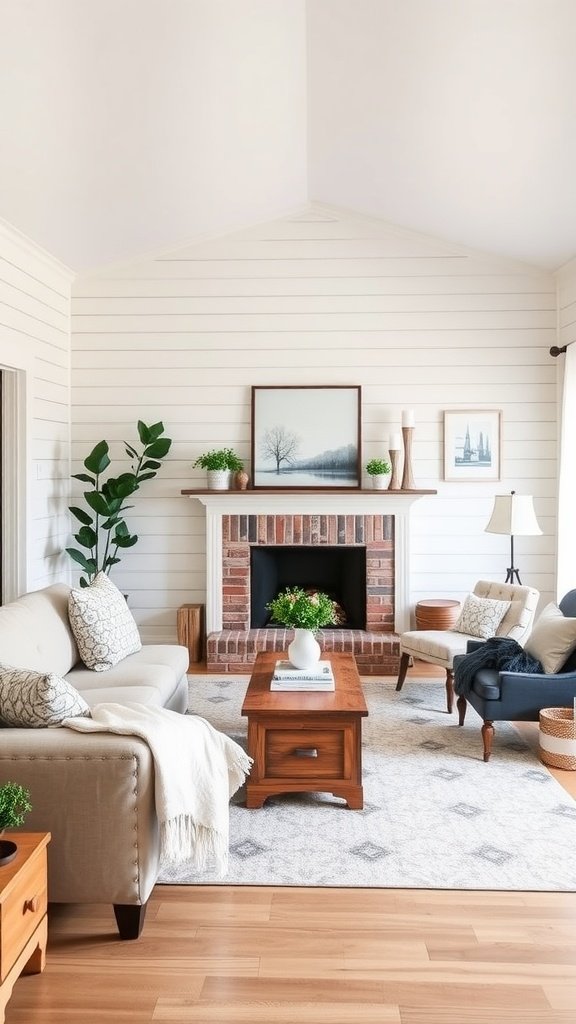 A modern farmhouse living room with shiplap walls, a brick fireplace, and cozy furniture.