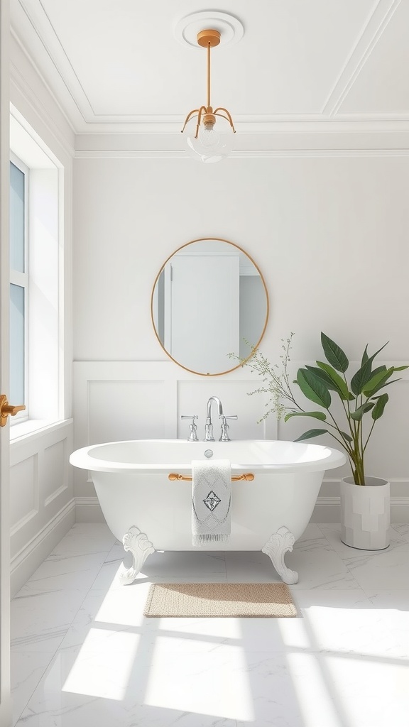 A serene bathroom featuring Shoji White paint, a freestanding tub, and natural light.