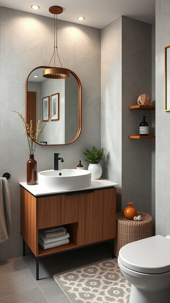 A modern small bathroom featuring a stylish wooden vanity with a round sink, decorative accessories, and soft lighting.