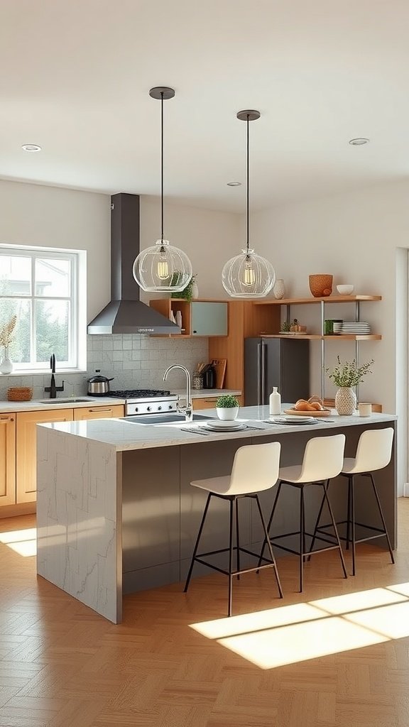 Stylish kitchen with a peninsula featuring modern bar stools and decorative open shelving