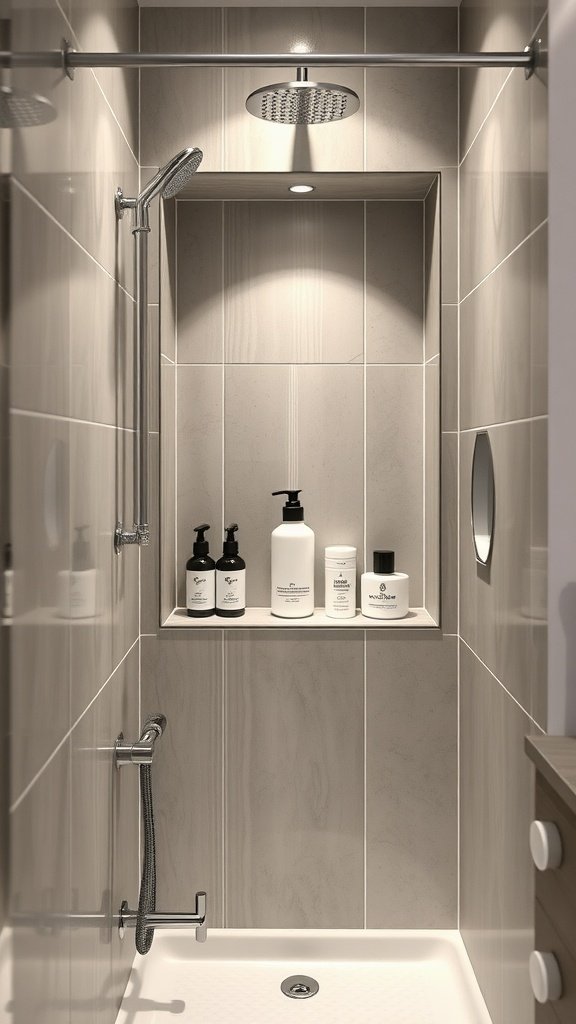 A modern shower niche with neatly arranged shampoo and body wash bottles in a small bathroom.