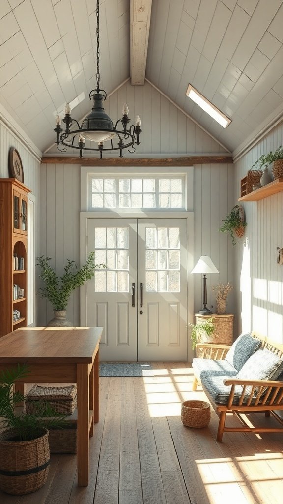 A bright, airy farmhouse interior featuring Silver Sage walls, natural light, wooden furniture, and greenery.