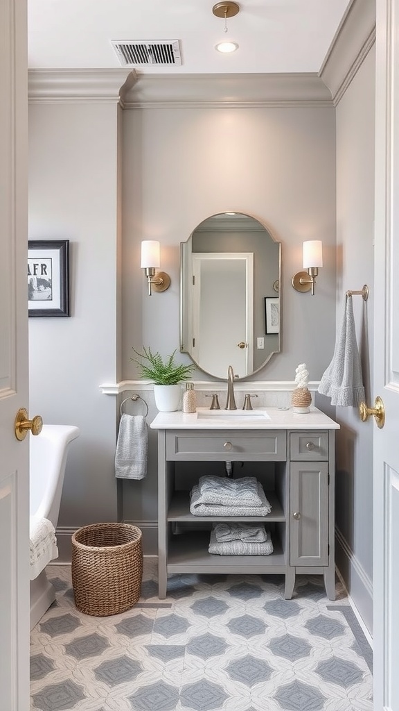 A stylish bathroom painted in Silver Satin by Benjamin Moore featuring gray walls, a white bathtub, and elegant fixtures