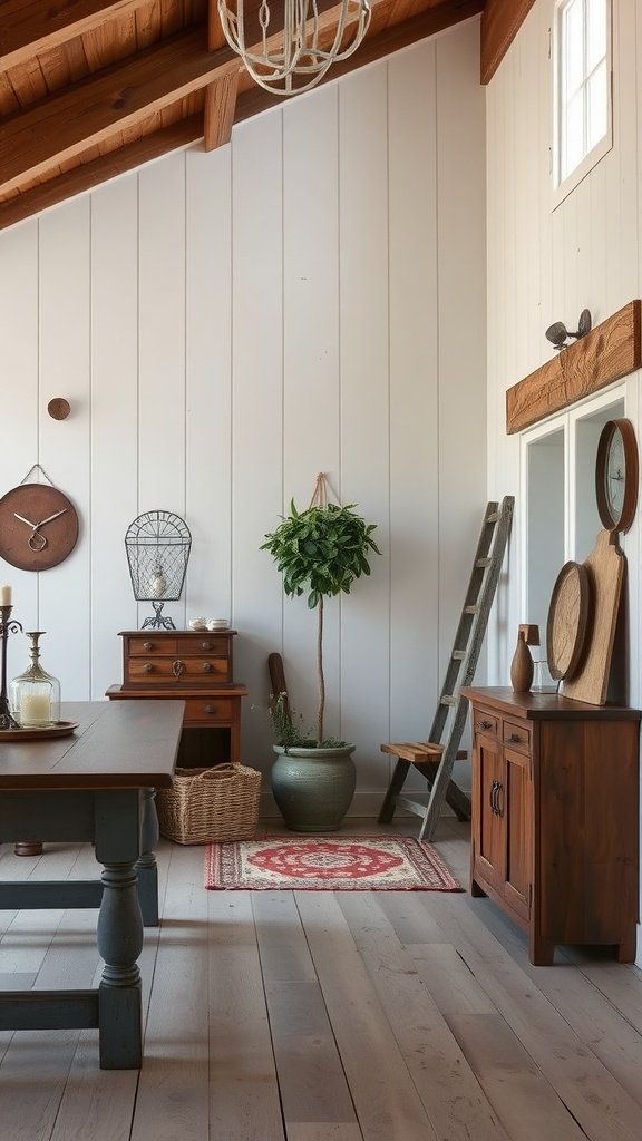 A cozy farmhouse interior featuring soft gray walls and wooden furniture.