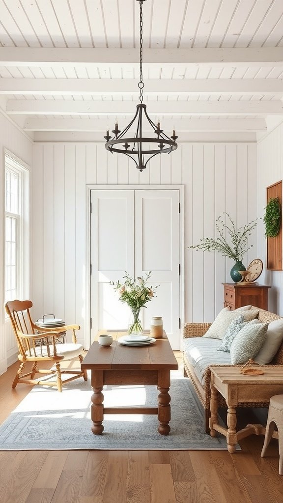 A cozy farmhouse living room with Silver Strand paint on the walls, featuring natural wooden furniture and a soft rug.