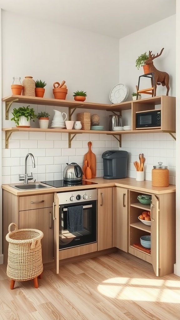 A small, modern kitchen with wooden cabinets, open shelves, potted plants, and a warm, inviting design.