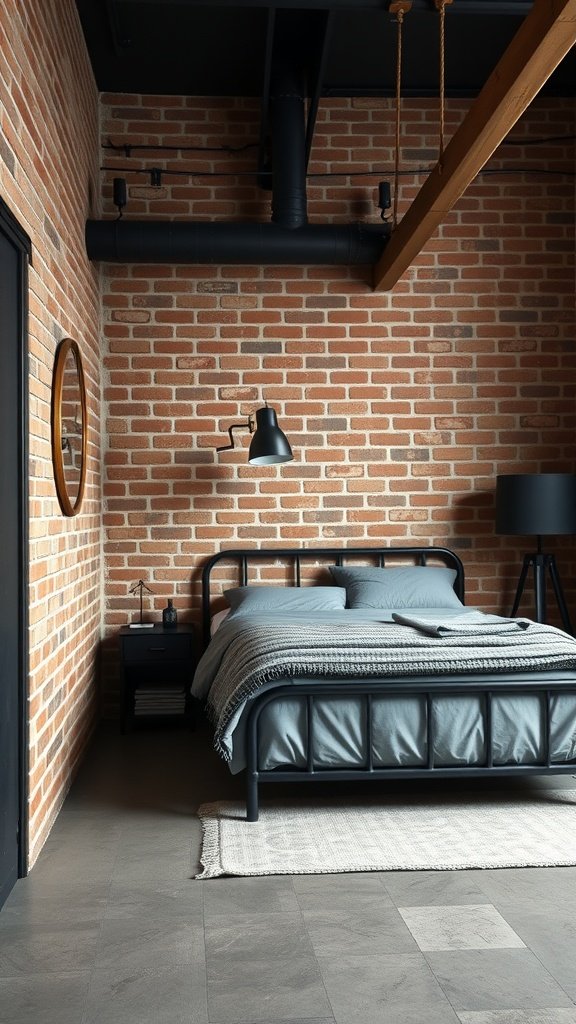 A modern industrial bedroom featuring exposed brick walls, a metal bed frame, and stylish decor.