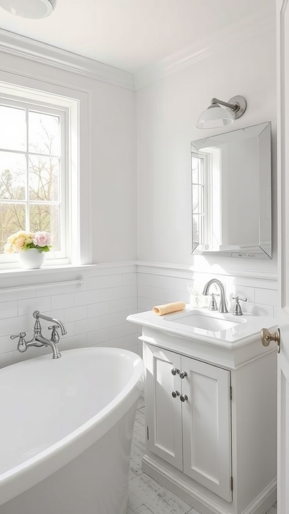 A bright, airy bathroom featuring Simply White paint by Benjamin Moore, with a bathtub, sink, and natural light.
