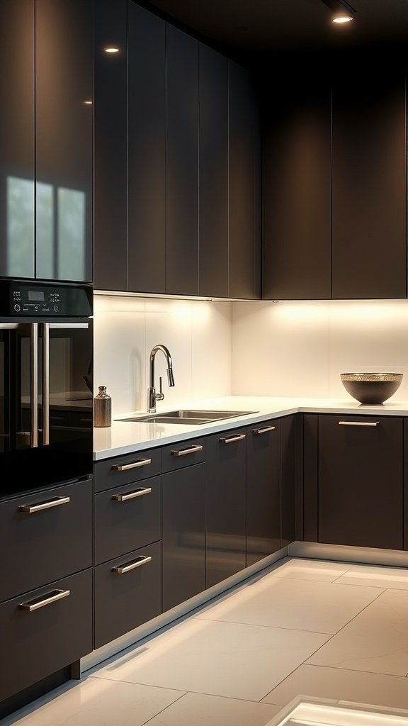 Sleek modern kitchen cabinets with dark cabinetry and white countertops