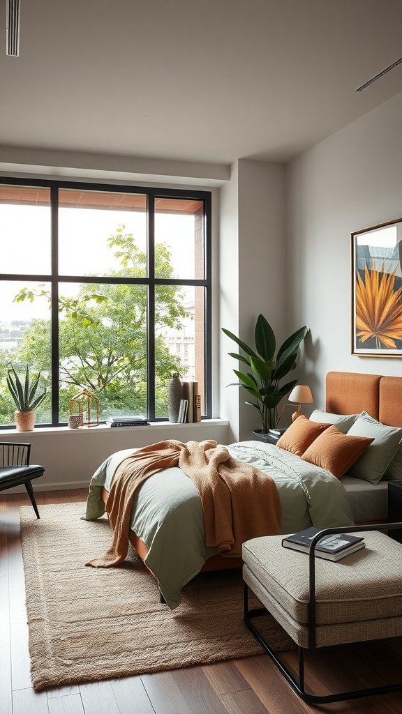 A sleek urban bedroom featuring green linens, terracotta accents, and natural light from a large window.
