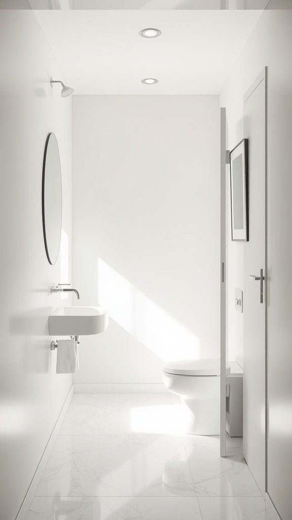Sleek small bathroom with pocket door, minimalist design, and bright lighting.
