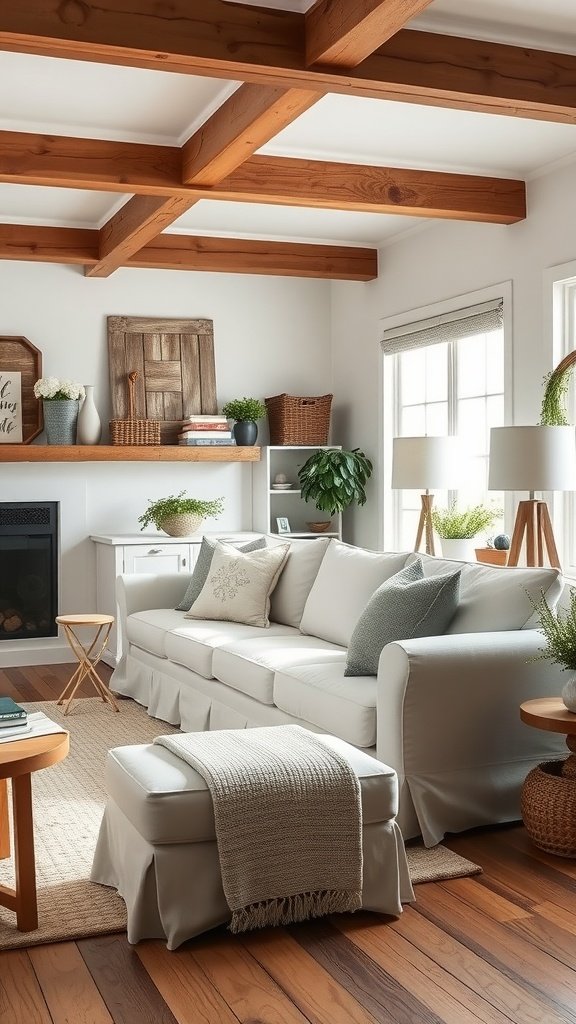 A modern farmhouse living room featuring a slipcovered sofa with decorative pillows, wooden beams, and natural light.