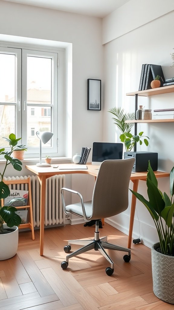 A small home office setup with a desk, ergonomic chair, bookshelves, and plants.