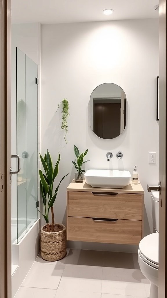 A modern small bathroom featuring a wooden vanity, round mirror, glass shower door, and green plants.