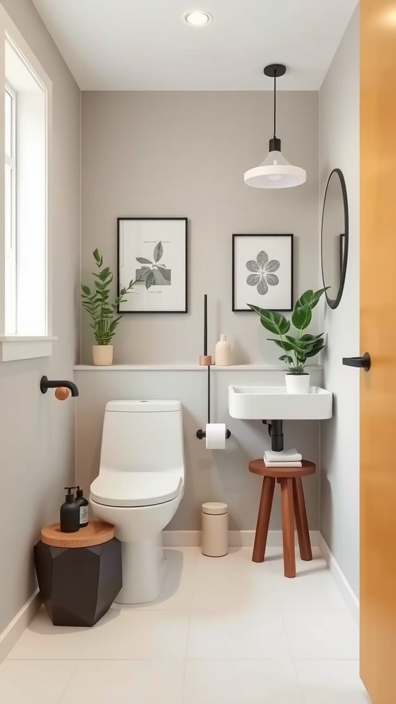 Modern small bathroom with clean lines, featuring a white sink, toilet, plants, and minimalist decor.