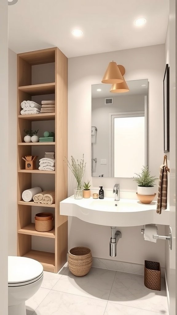 A small, stylish bathroom featuring a wooden shelving unit, a floating sink, and modern lighting.