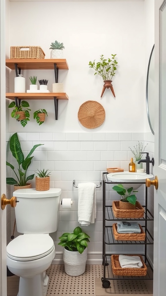 A small bathroom featuring shelves and a cart for storage, decorated with plants and natural textures.