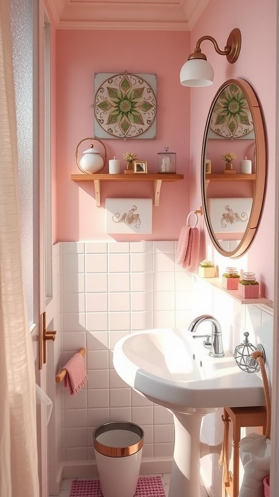 Small bathroom with pink walls and decorative accents