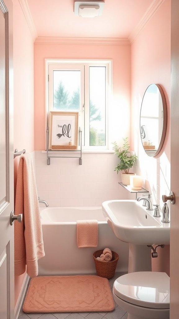A small bathroom with soft pink walls, a white bathtub, and matching accessories, featuring a window with natural light and a potted plant.
