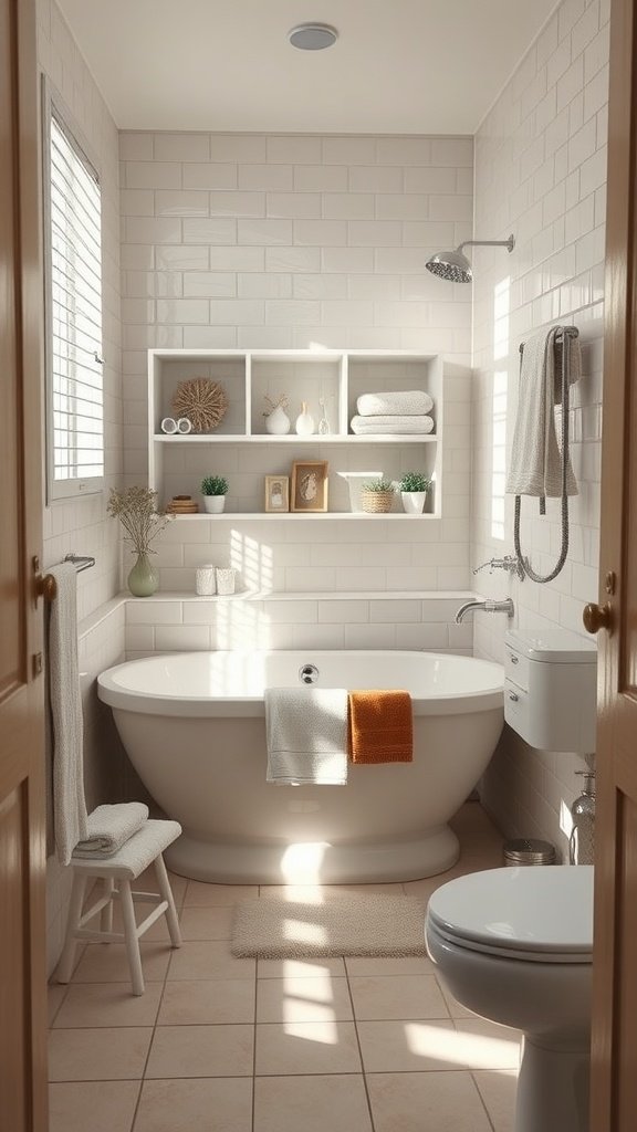 A small bathroom featuring a freestanding bathtub, white tiles, and natural light.