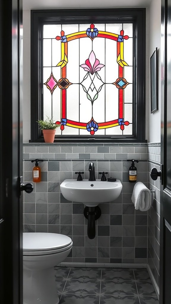Small black and white bathroom featuring a stained glass window, wall-mounted sink, and stylish tiles.