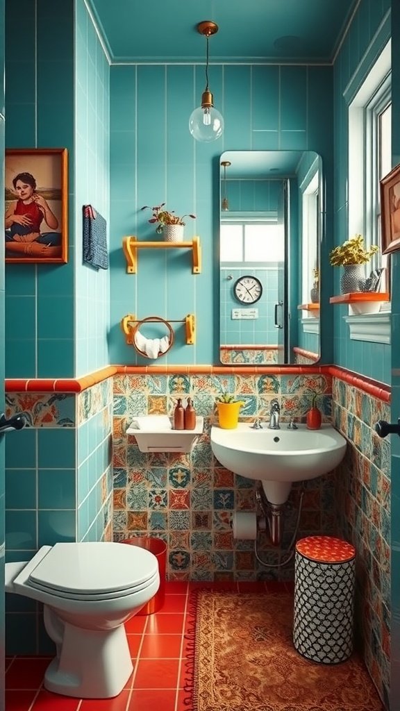 A vibrant small bathroom featuring blue walls, decorative tiles, and colorful accents.