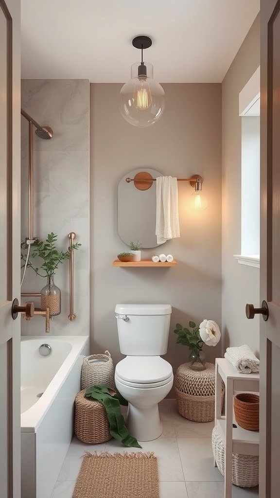 Cozy bathroom with muted colors featuring a bathtub, toilet, and decorative baskets.
