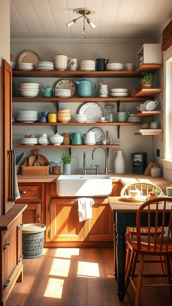 A cozy farmhouse kitchen with open shelving, wooden cabinets, and a farmhouse sink.