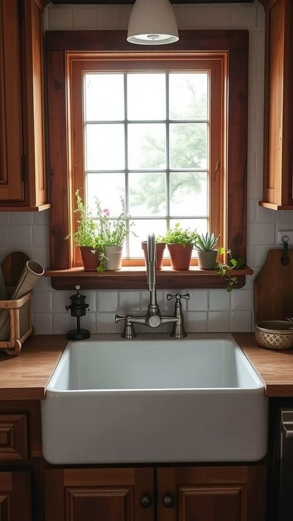 A small farmhouse kitchen with a large white apron front sink, wooden cabinetry, and potted plants on the windowsill.