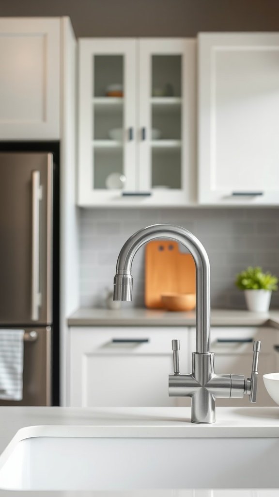 A modern kitchen faucet in a small kitchen setting.