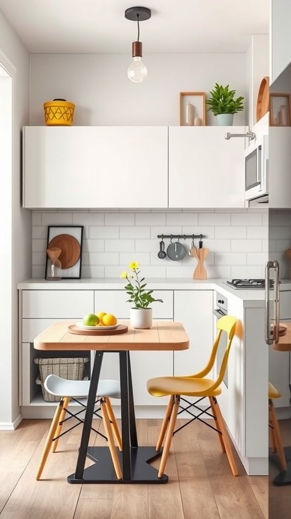 A small, stylish kitchen featuring a wooden table with colorful chairs, white cabinets, and plants.